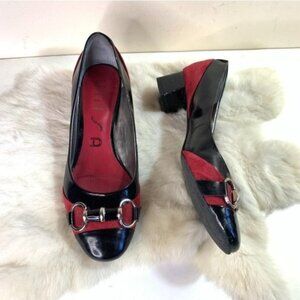 Unisa Horsebit Black Patent Leather Red Suede Cap Toe Heels Size 8 Shoe